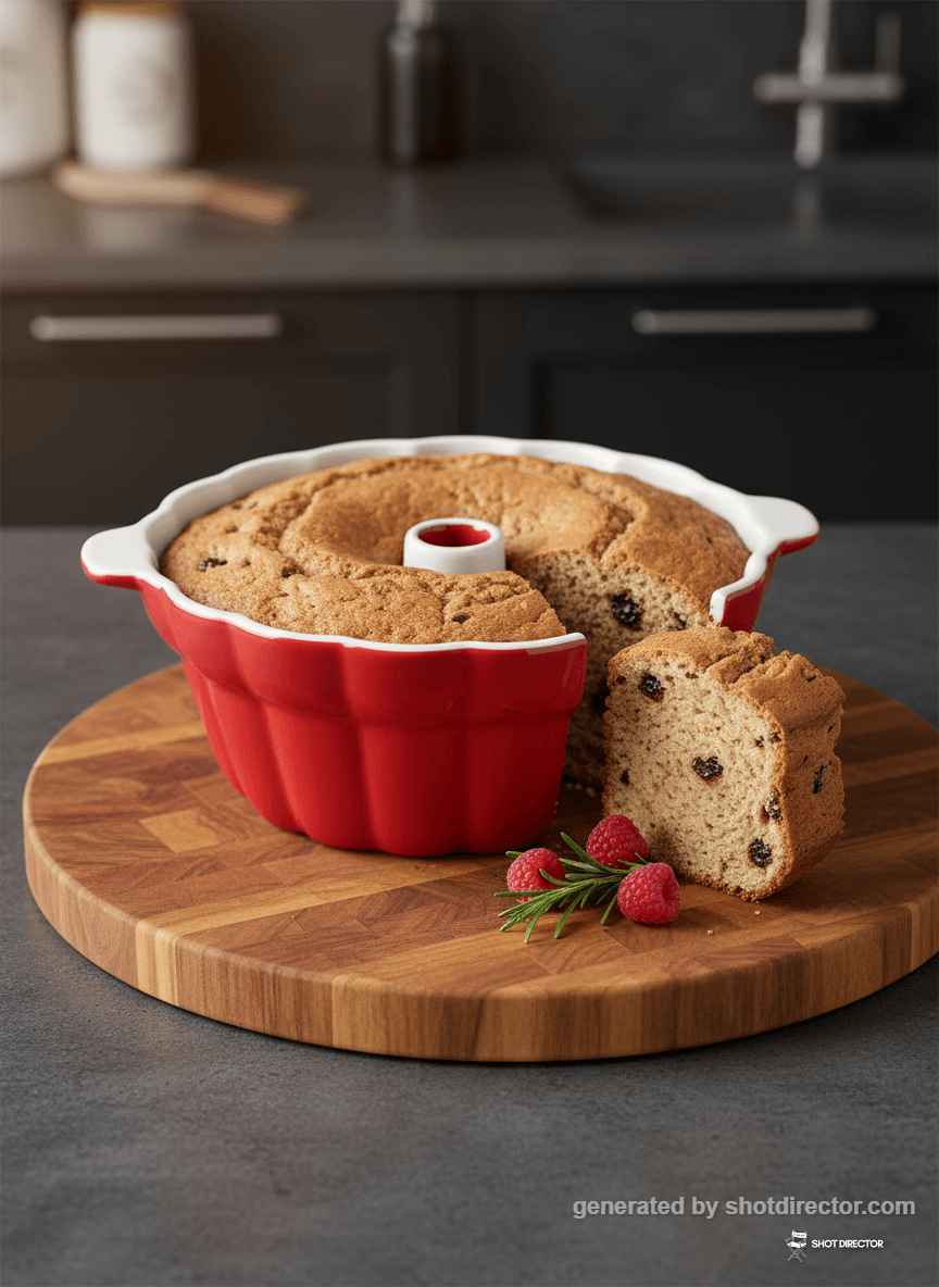 The bundt cake presented on a chic wooden cutting