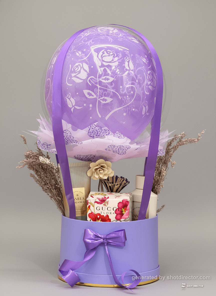 A clean, studio shot of the entire gift basket aga