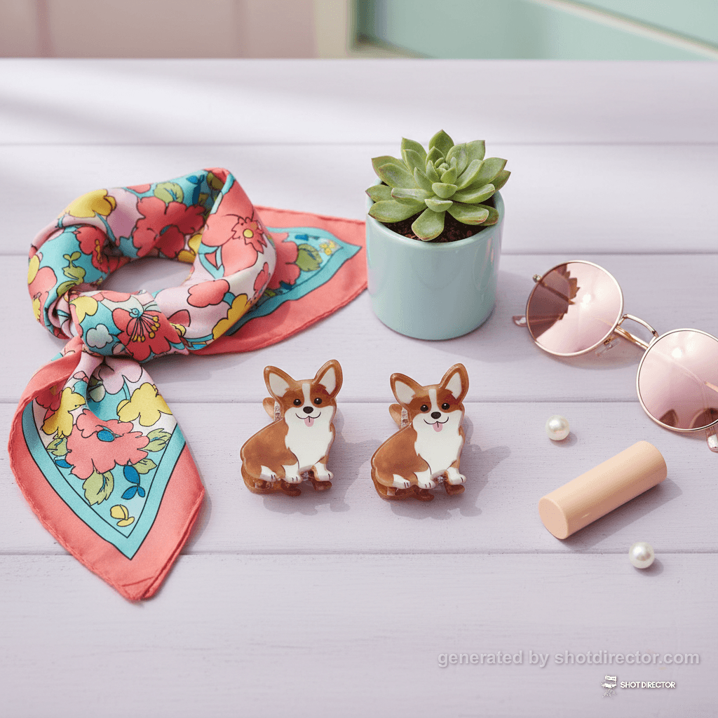 A fun and colorful flat lay of the Corgi hair claw