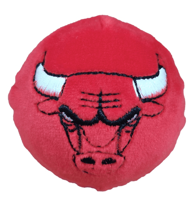 Red plush toy featuring the embroidered Chicago Bulls bull head logo, likely a fan merchandise item or small pillow.