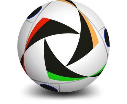 A stylized graphic design sports ball, primarily white with striking geometric patterns in black, red, orange, and green, accented by small blue circles, rendered with a subtle shadow.