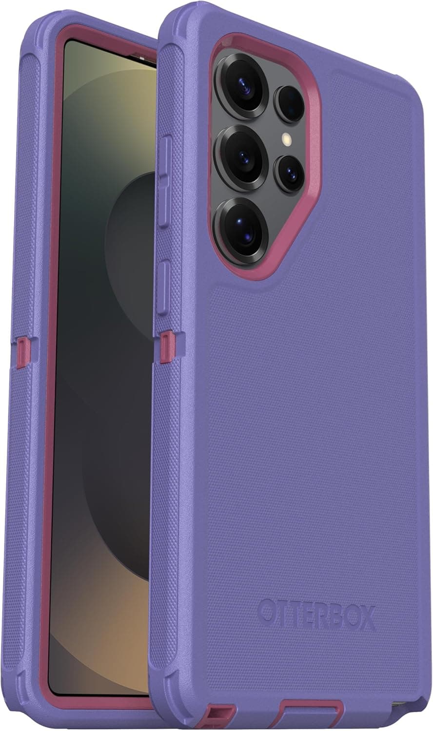 A two-tone purple and pink OtterBox protective phone case for a Samsung Galaxy S23 Ultra, partially revealing the phone's screen and multiple camera lenses.