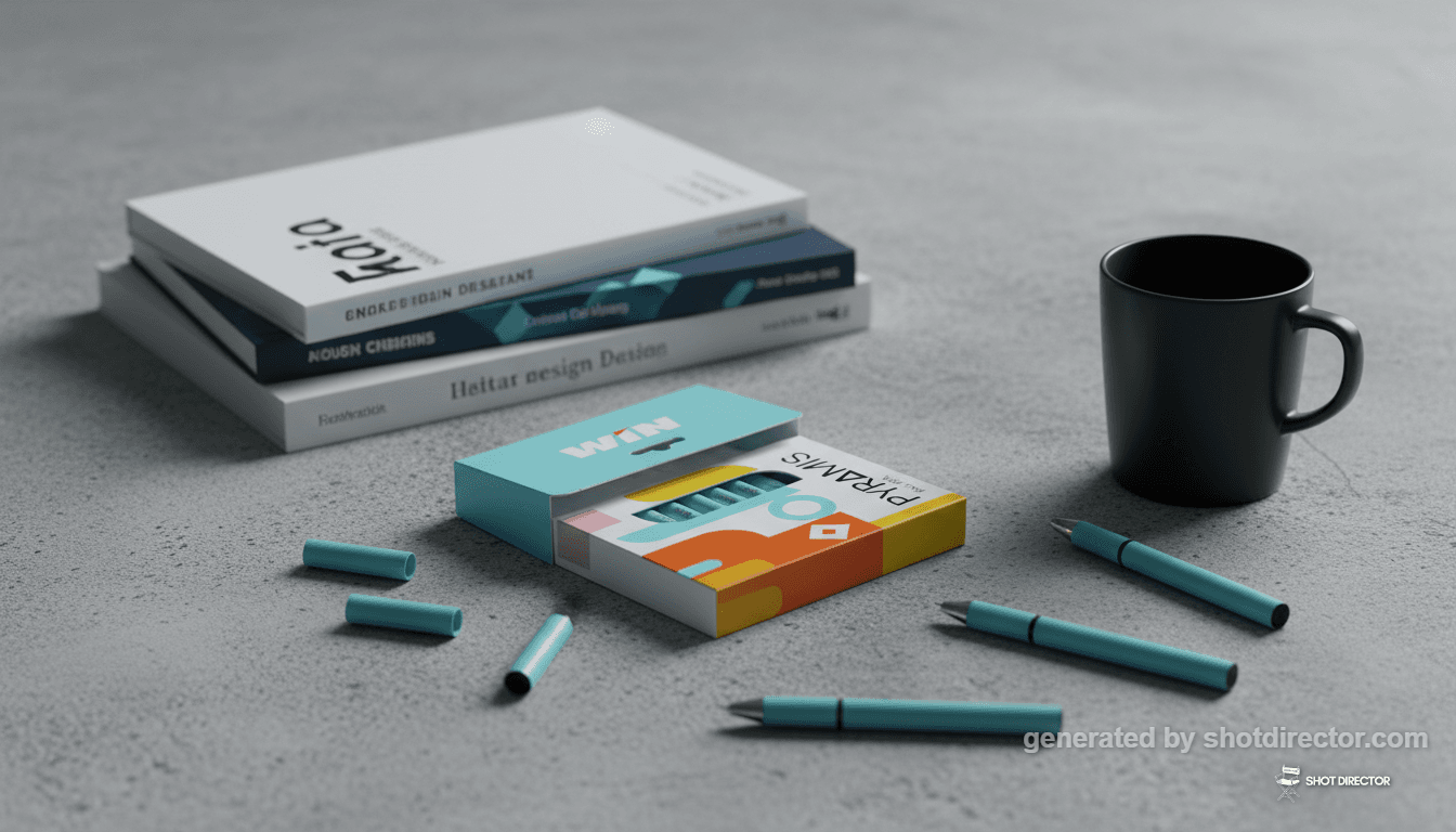 The WIN Pyramis pens are artfully scattered around