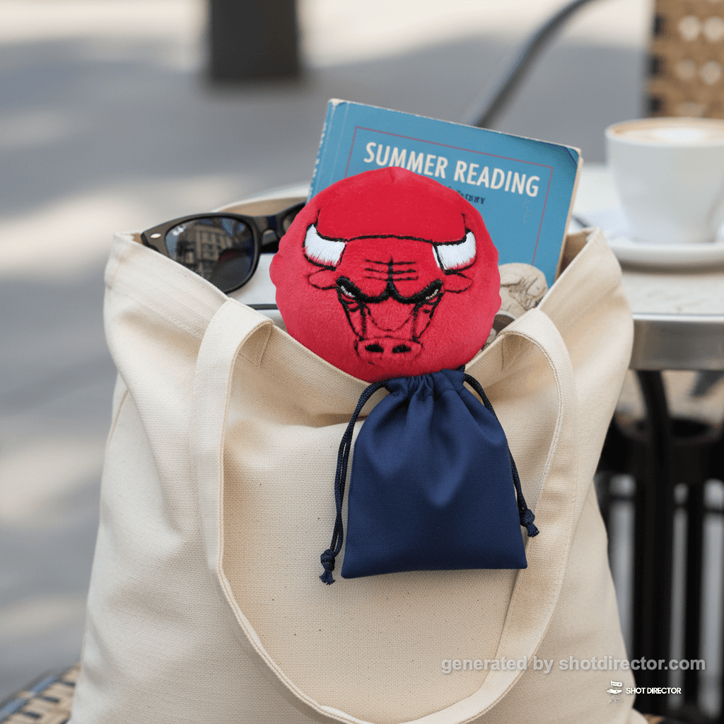 The plush Bulls ball peeking out from a canvas tot