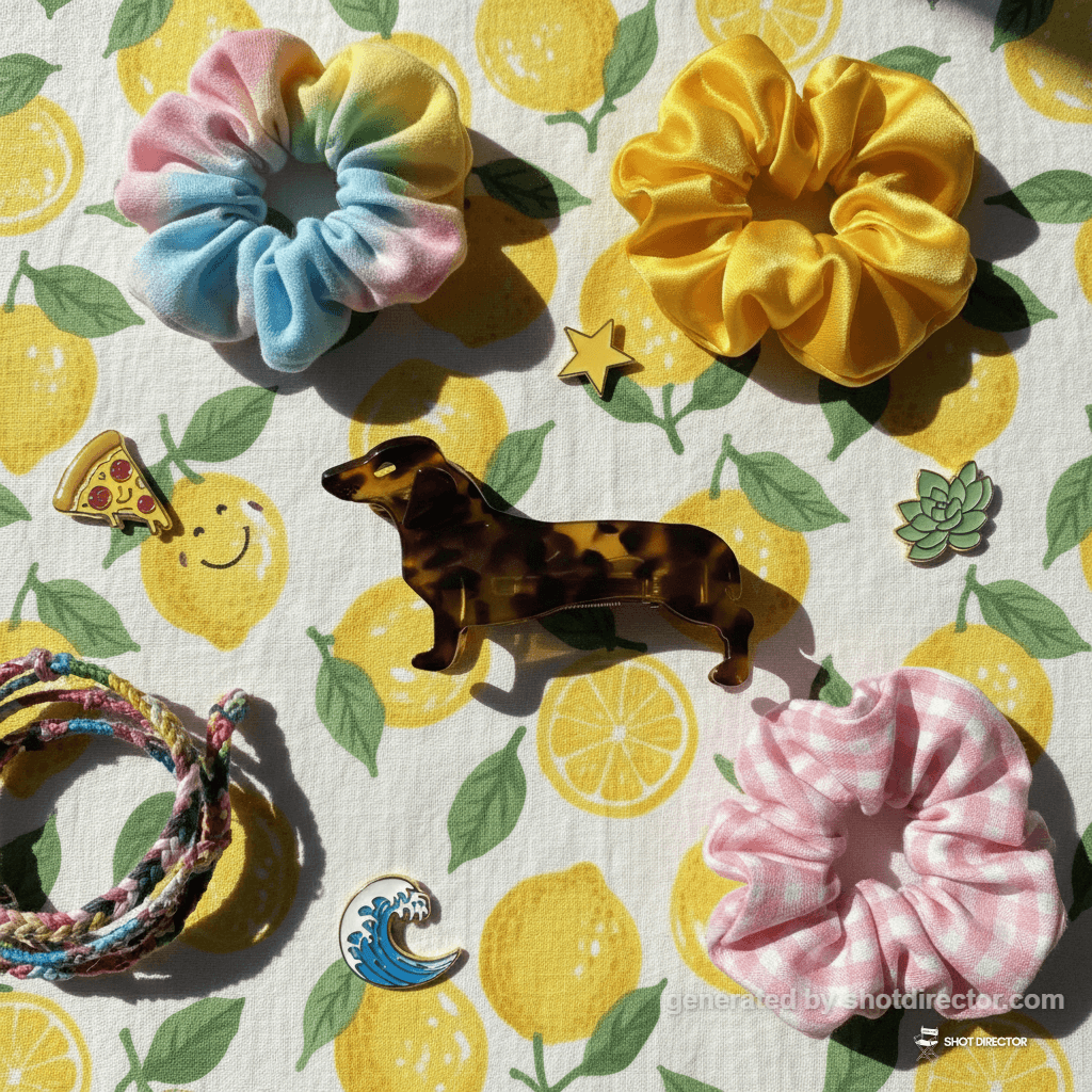 A flat lay shot of the hairclip alongside other fu