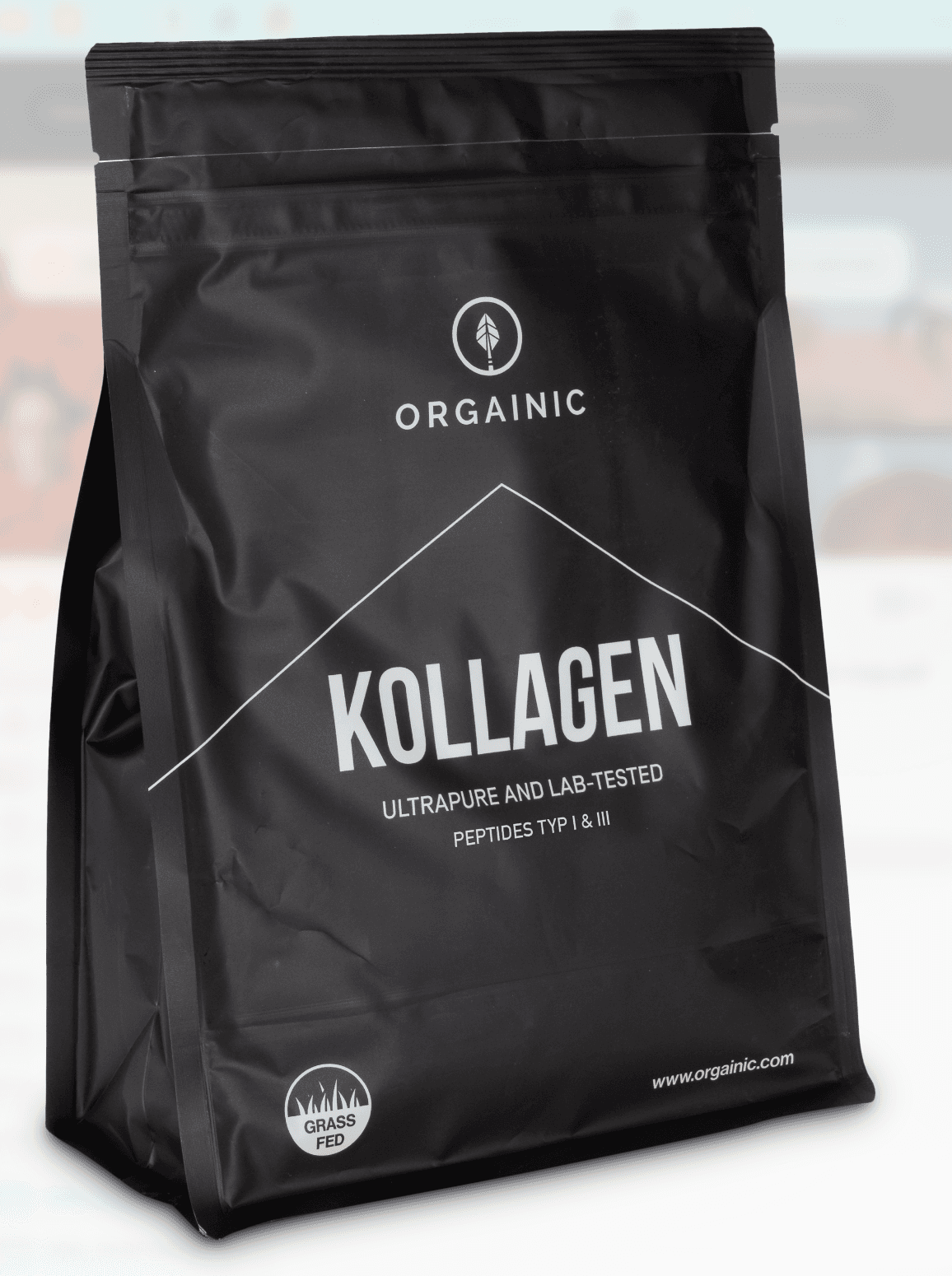 Black stand-up pouch of Orgainic Kollagen (Collagen) powder, specifically ultrapure and lab-tested Peptides Typ I & III, with a 'Grass Fed' label