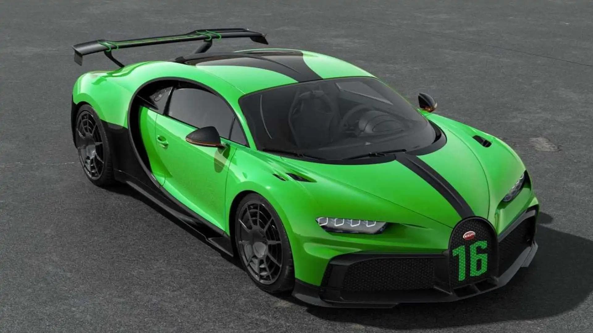 A high-performance luxury sports car, specifically a Bugatti Chiron variant, featuring a vibrant green body with black racing stripes and accents, a large rear spoiler, and the number '16' on its front grille.
