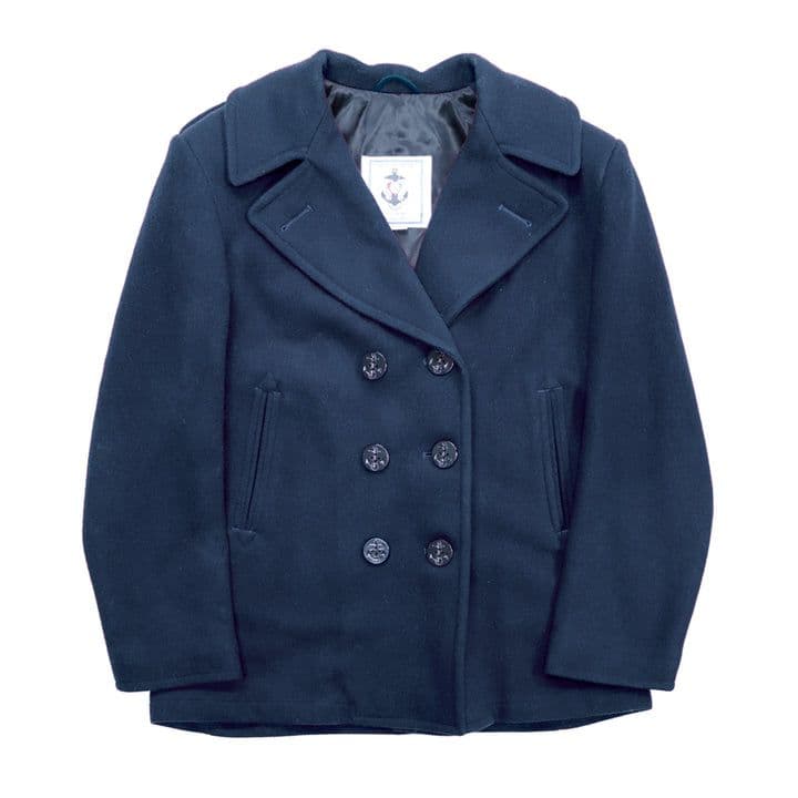Navy blue men's pea coat with a double-breasted front, broad lapels, handwarmer pockets, and black buttons featuring an anchor motif, displayed flat on a white background.