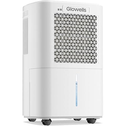 White Glowells brand portable dehumidifier with a front triangular patterned air intake grill and a vertical water level indicator, mounted on caster wheels.