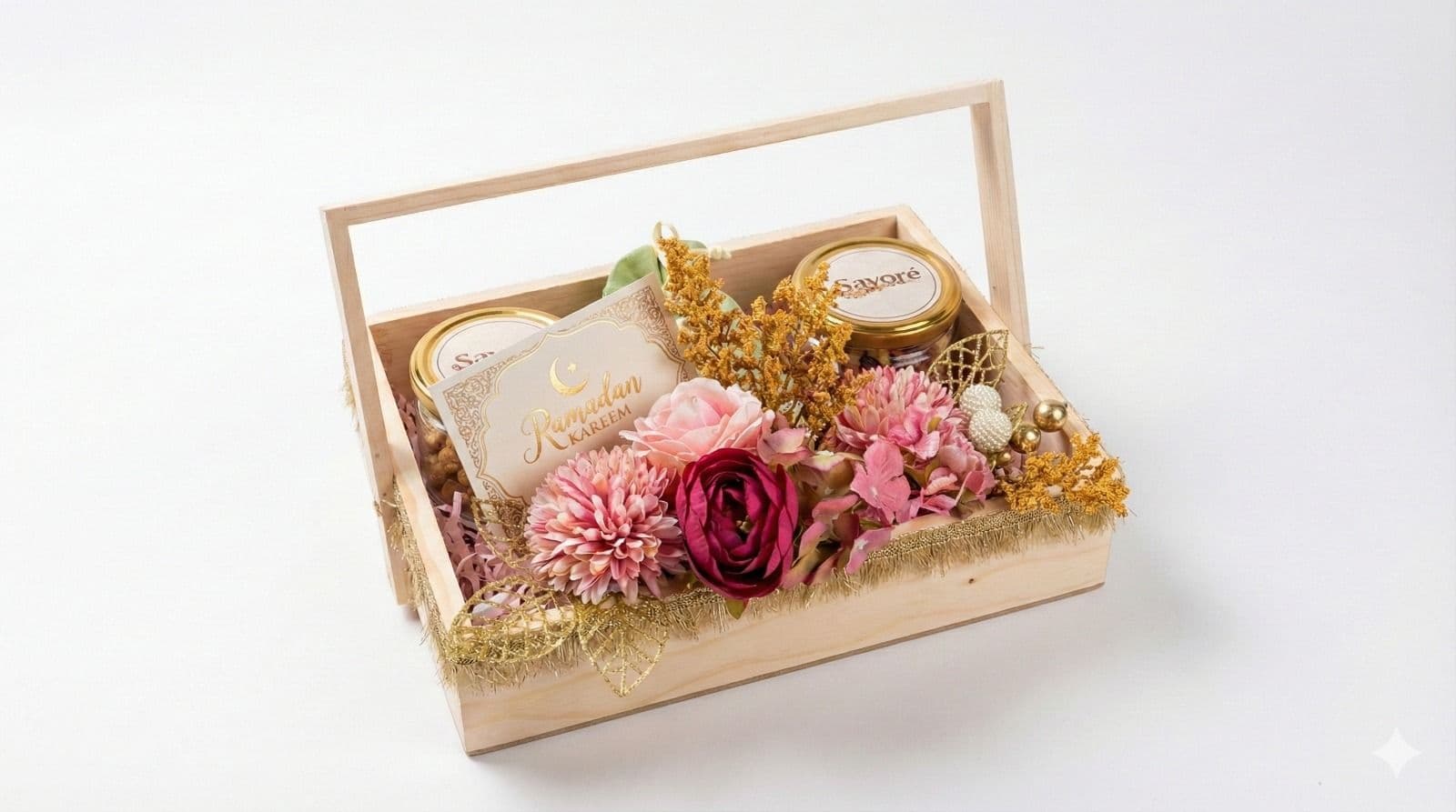 A festive Ramadan Kareem gift hamper presented in a light wooden basket with a handle, filled with two jars of Savore brand gourmet treats (likely nuts or cookies), an assortment of artificial pink, burgundy, and dried yellow flowers, gold decorative accents, and a "Ramadan Kareem" greeting card.