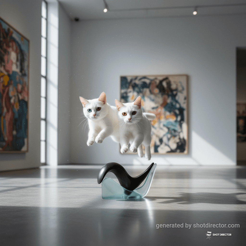 An action shot of the two white cats leaping over