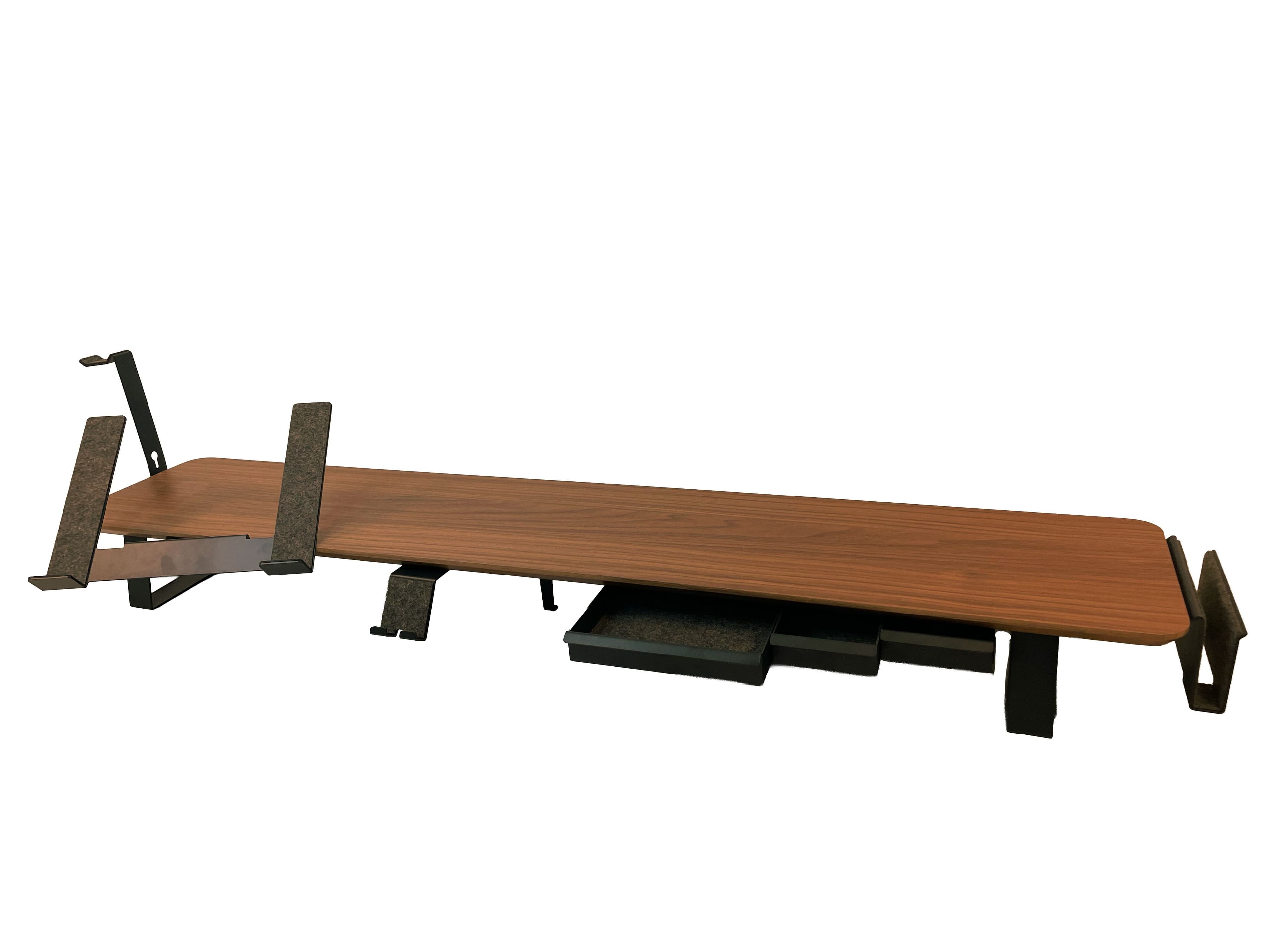 Wood and metal desk shelf with integrated bookends and under-shelf storage trays, designed to elevate monitors or organize desk space.