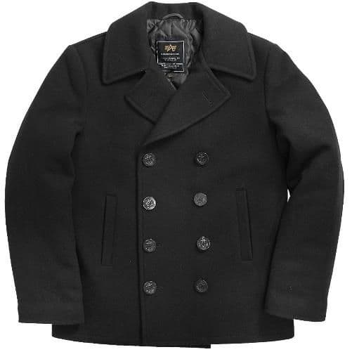 Men's black Alpha Industries wool-blend double-breasted pea coat with a large notched collar and eight detailed buttons