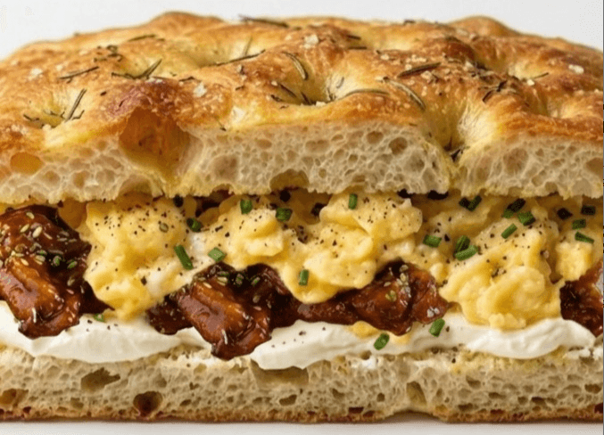 A cross-section of a gourmet focaccia sandwich featuring golden-brown, rosemary-and-salt-topped focaccia bread, layered with fluffy scrambled eggs, a rich, glossy dark savory filling (likely caramelized onions or mushrooms), and a smooth white creamy spread, garnished with fresh chives.