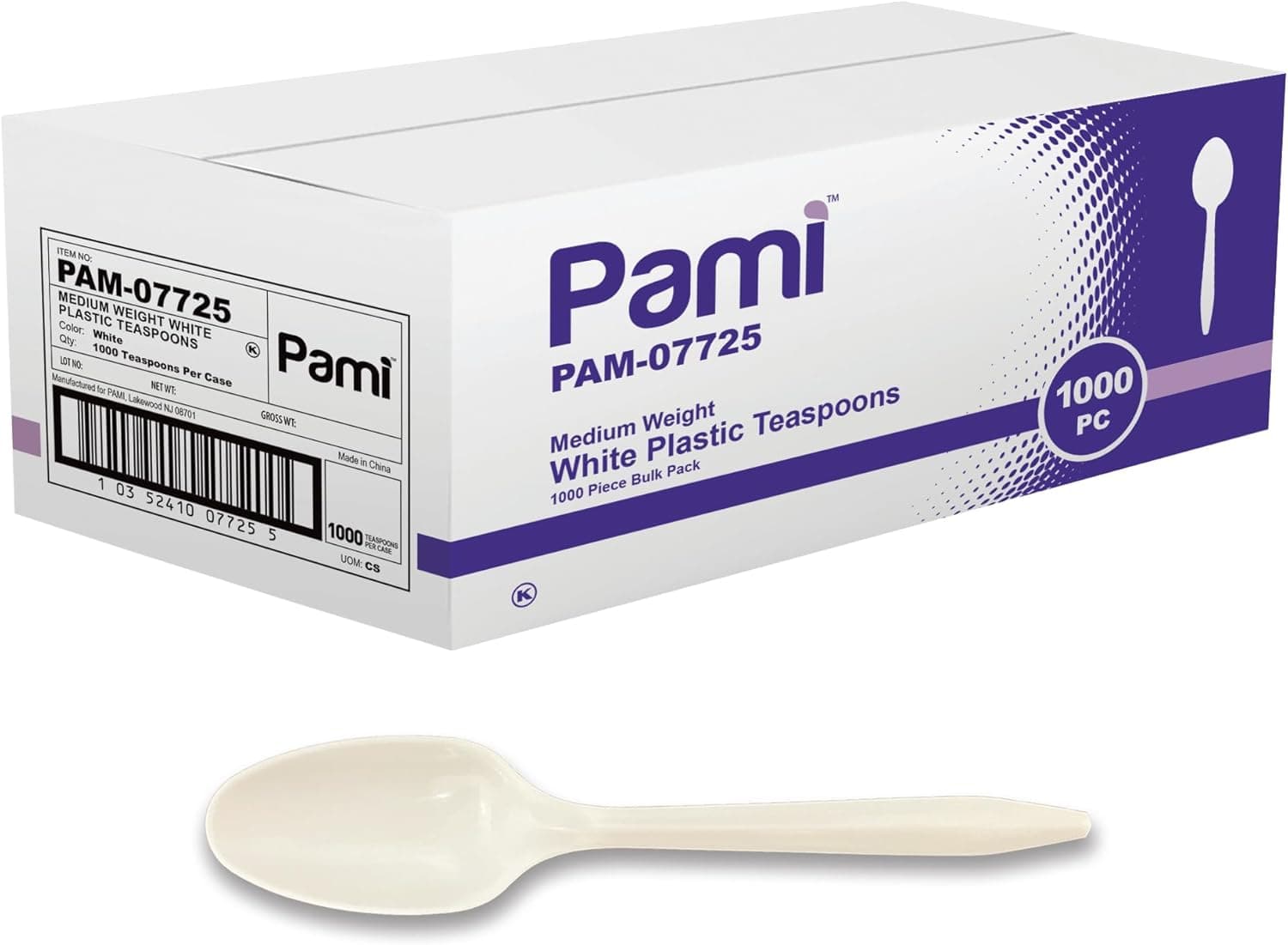 Pami Medium Weight White Plastic Teaspoons in a 1000-piece bulk pack
