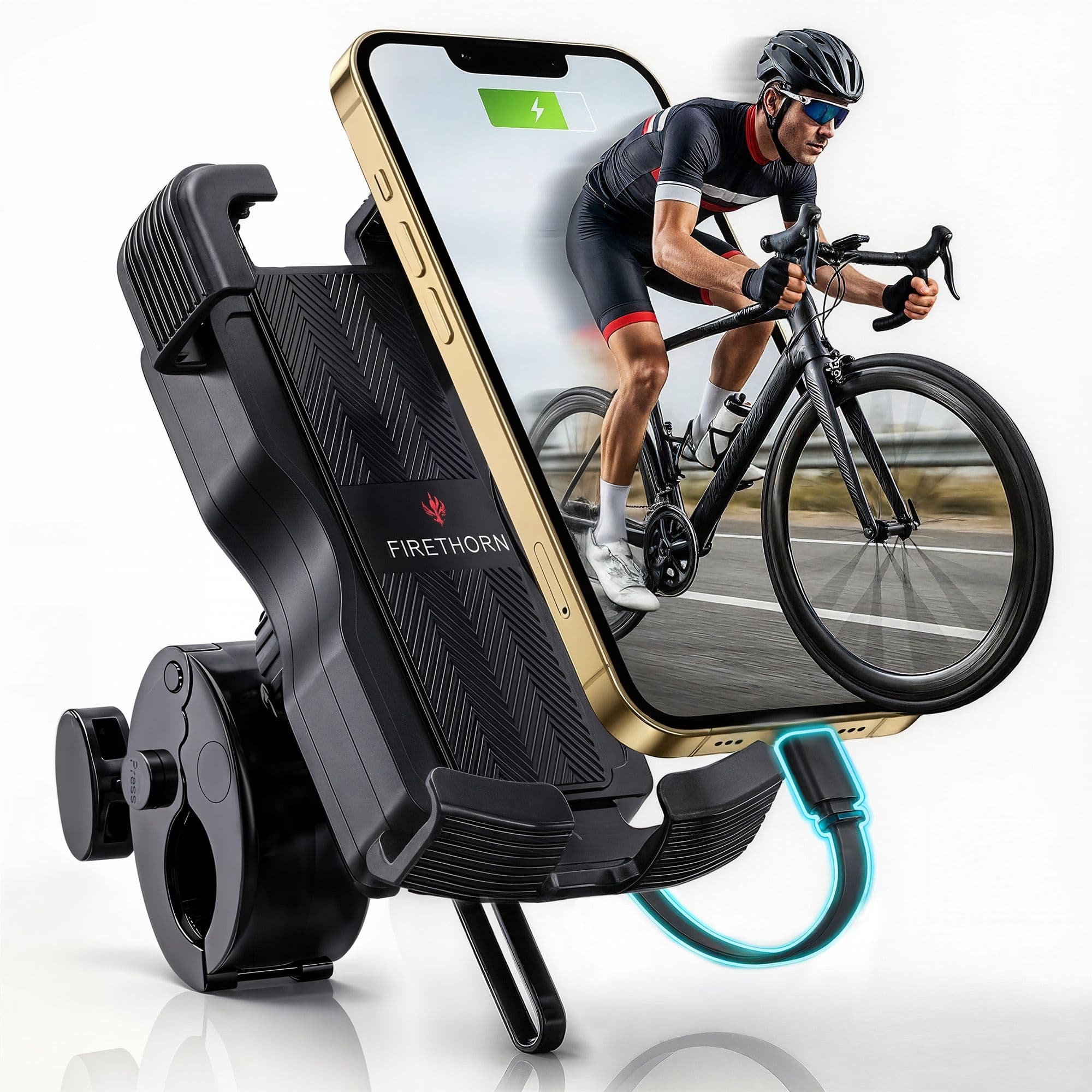 Black bicycle phone mount with an adjustable handlebar clamp and an integrated charging feature, designed to securely hold a smartphone during cycling activities.