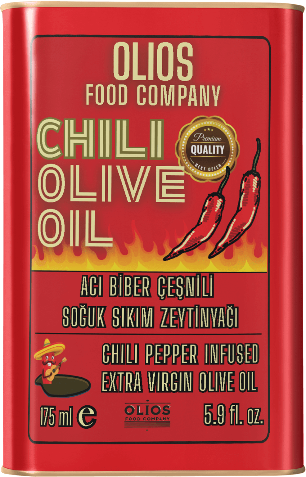 Rectangular red metallic tin of OLIOS Chili Olive Oil, also labeled as Chili Pepper Infused Extra Virgin Olive Oil, with illustrations of chili peppers and flames.