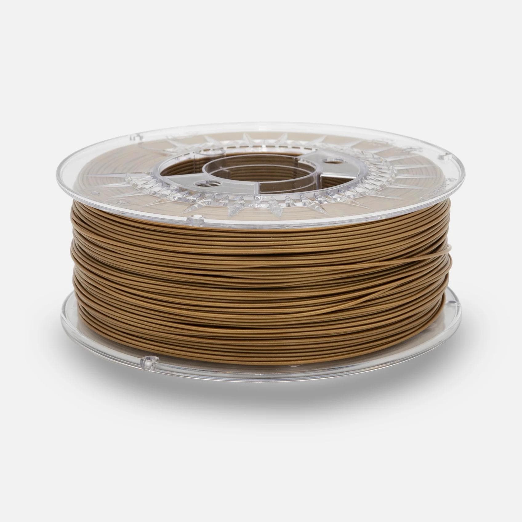 Brown/tan 3D printer filament on a clear plastic spool