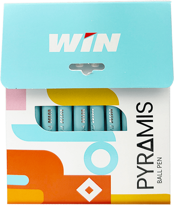 A set of light blue WIN Pyramis ballpoint pens packaged in a colorful cardboard box with a display cutout.