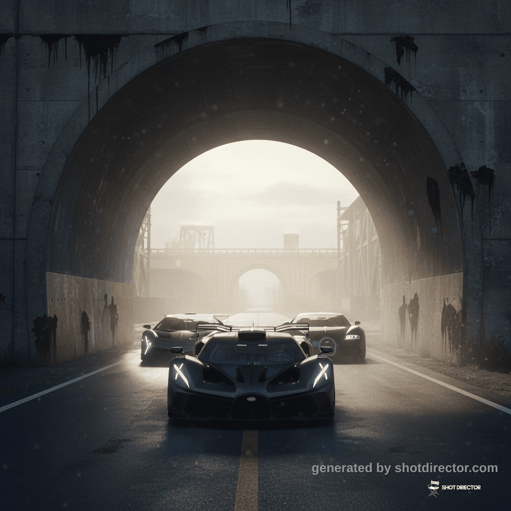 A wide, cinematic shot capturing the Bugatti Bolid