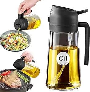 Multi-function glass oil dispenser bottle with a black pump/spray and pour spout, integrated handle, and a 'Oil Avocado' label.