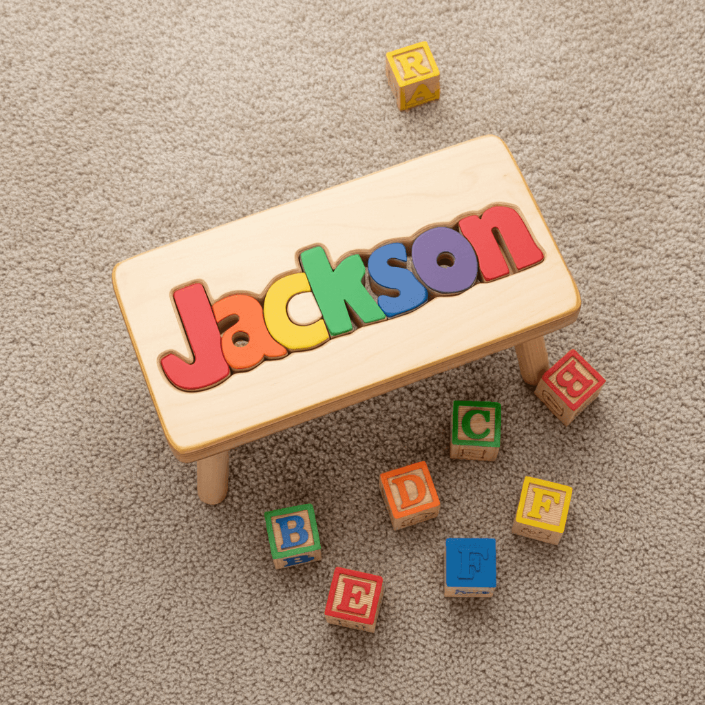 An overhead shot of the wooden name stool with a f