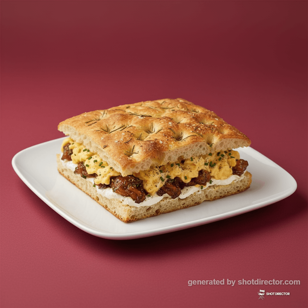 The focaccia sandwich elegantly plated on a minima